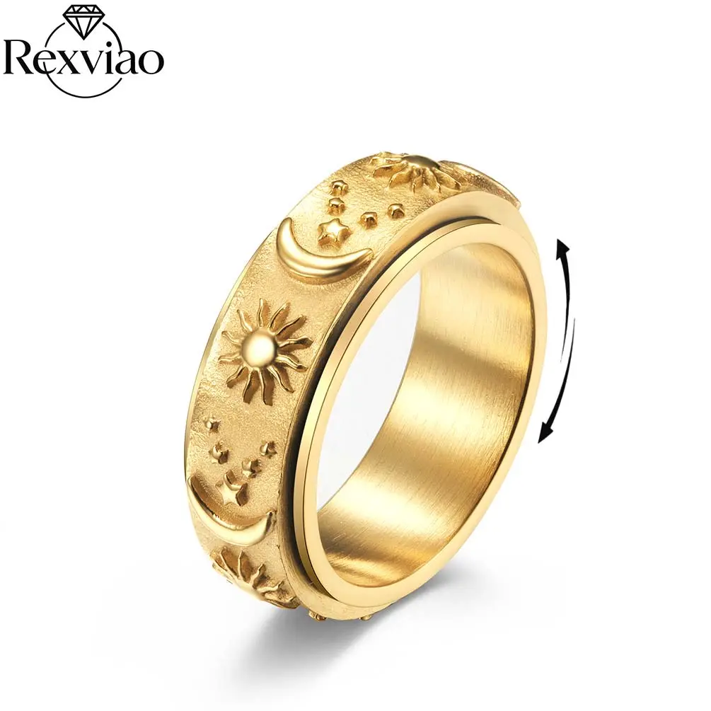 Rexviao Trendy Stress-Relief Spinner Ring with Sun, Moon, and Star Design | Titanium Steel | Unisex | Perfect Gift for Yourself or a Friend | Sizes 6–13
