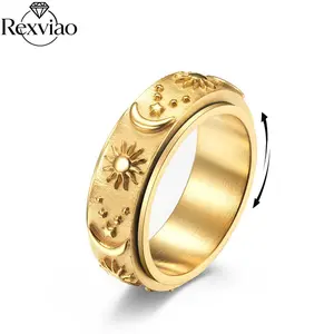Rexviao Trendy Stress-Relief Spinner Ring with Sun, Moon, and Star Design | Titanium Steel | Unisex | Perfect Gift for Yourself or a Friend | Sizes 6–13