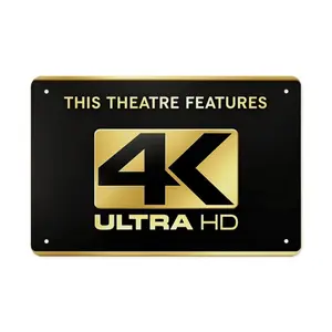 Vintage Cinema Metal Wall Art 4K Ultra HD Theater Sign with THIS THEATRE FEATURES & 4K Logo Retro Iron Movie Poster for Home Theater Cinemas Audio-Visual Stores Easy Mounting Hardware Included No Wiring Required Film Reel Design Decor