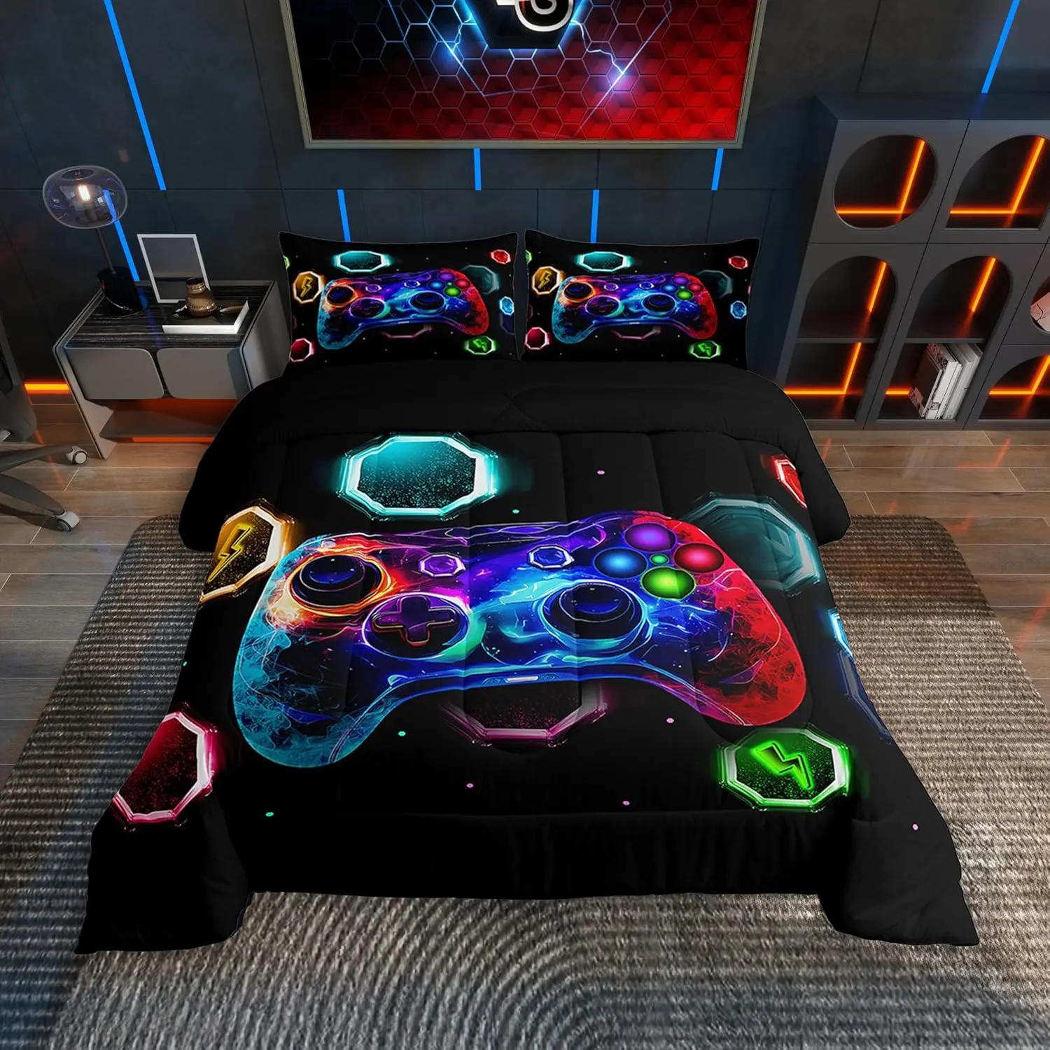 Kids Gamer Comforter,Game Console Comforter Set Space Universe Gaming Bedding Set Gamepad Duvet Set Bedroom Decor Microfiber Bed Set