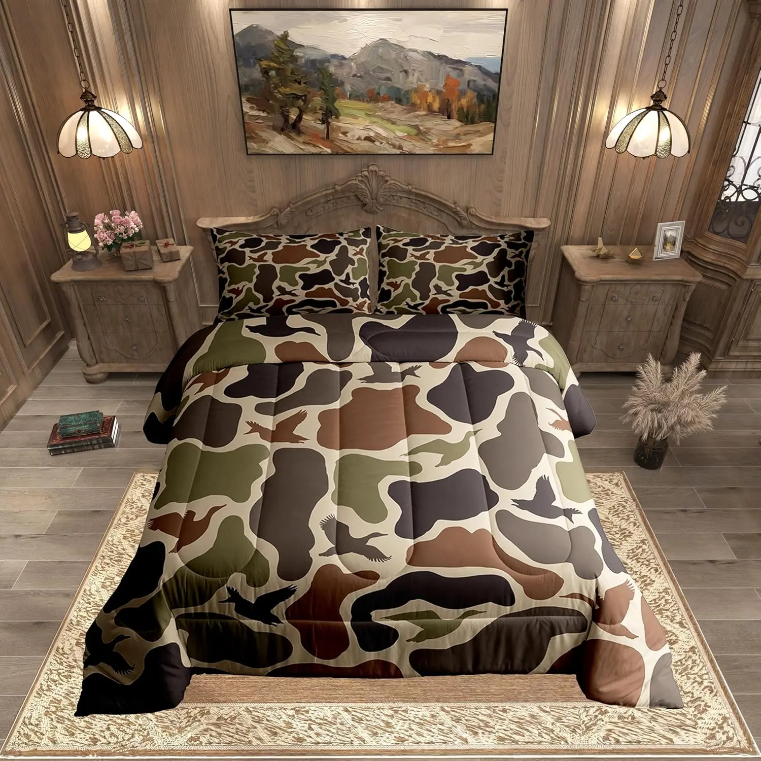 Feelyou Queen Size Duck Hunting Microfiber Comforter Bed Set - Kid Boys' Skin-Friendly, Breathable, Soft Cozy Blanket, Army Camouflage Wildwood Lightweight Farmhouse Bedding, Camping Bedroom Decor with Cozy Aesthetic