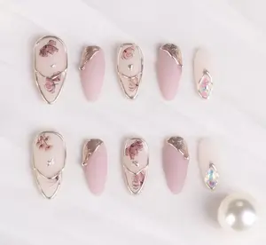 Handmade Almond Press on Nails - Sakura Floral & Gold Line - Reusable Damontaerichmondnails Irresistible Glitter Glowing Glitter