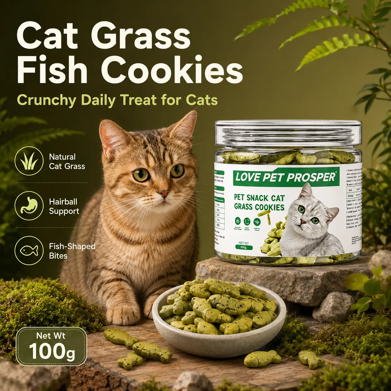 LOVE PET PROSPER Cat Grass Biscuits for Cats, Crunchy Cat Treats for Hairball Control, Digestive Support, Indoor Cat Daily Snacks for Kittens & Adult Cats |COD