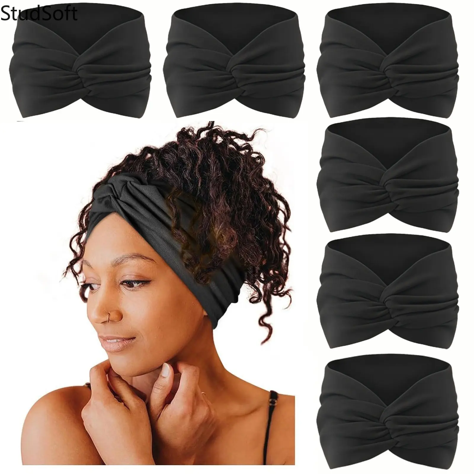 Women's Bohemian 6-Pack Colorful Elastic Non-Slip Wide Sweat-Absorbent Gym Wrap Headbands, Athletic Moisture Casual Sports Headband Accessory for Workout, Running, Gym Wrap Headband