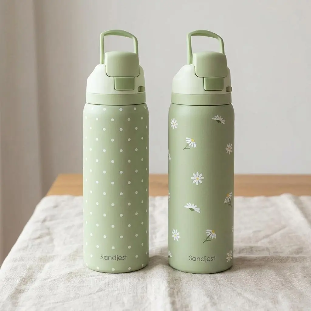 SANDJEST Green Aesthetic 32oz Stainless Steel Push-Button Water Bottle, Vacuum Insulated Drinkware for Travel Outdoor Sports Camping Gift for Her