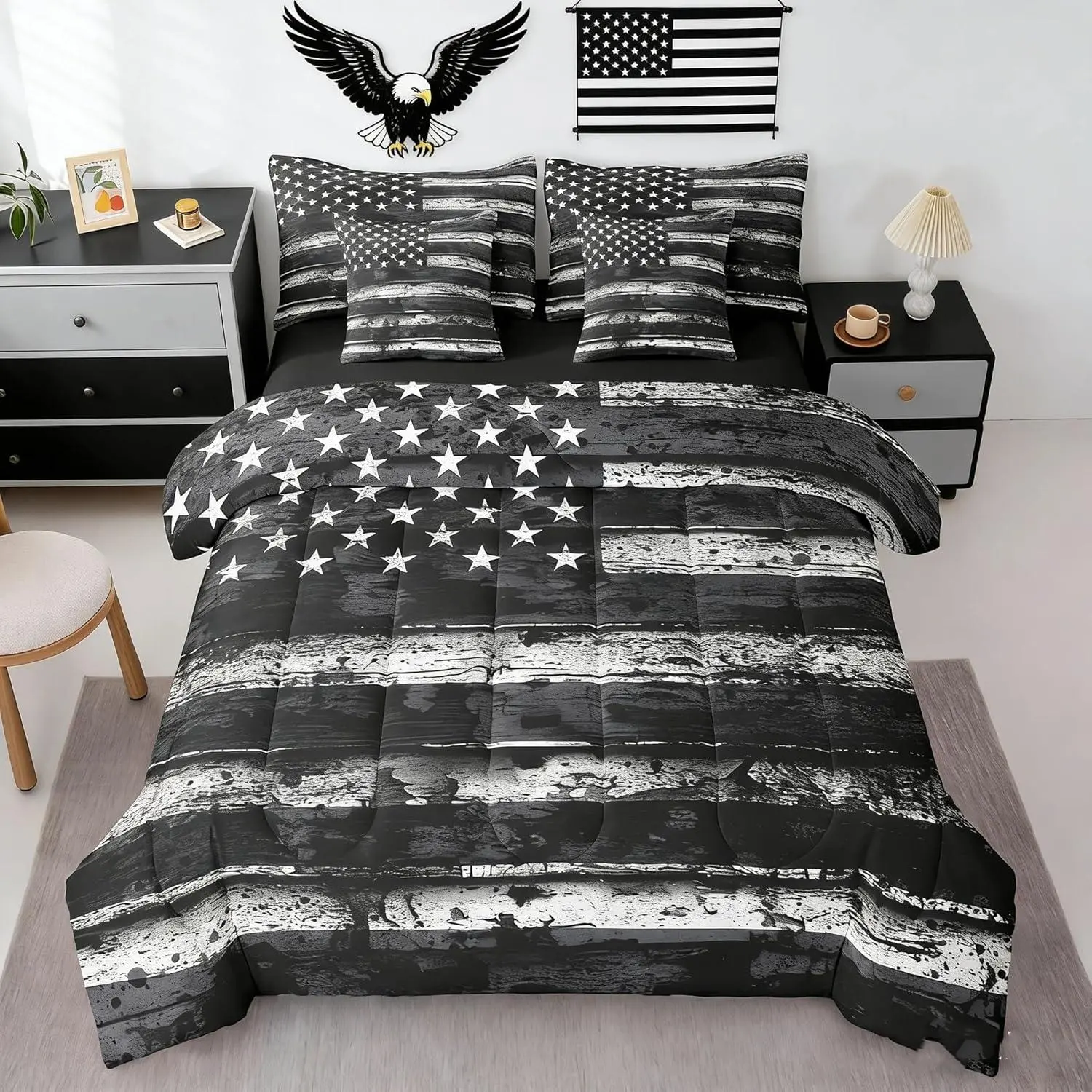 American Flag Bed in a Bag Boys Girls Vintage 7 Piece Bedding Set For Kids Women Men Ultra Soft Grey Black Stripes Comforter Set with Sheets，Pillowcases & Cushion Cover Retro Soft Microfiber