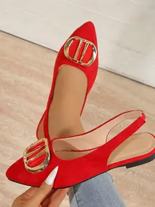 French Style Pointed Toe Metal Buckle Open Back Comfy Sandals for Women, New Flat Closed-Toe Slip-Ons, Casual Office Shoes, Outer Wear, Footwear
