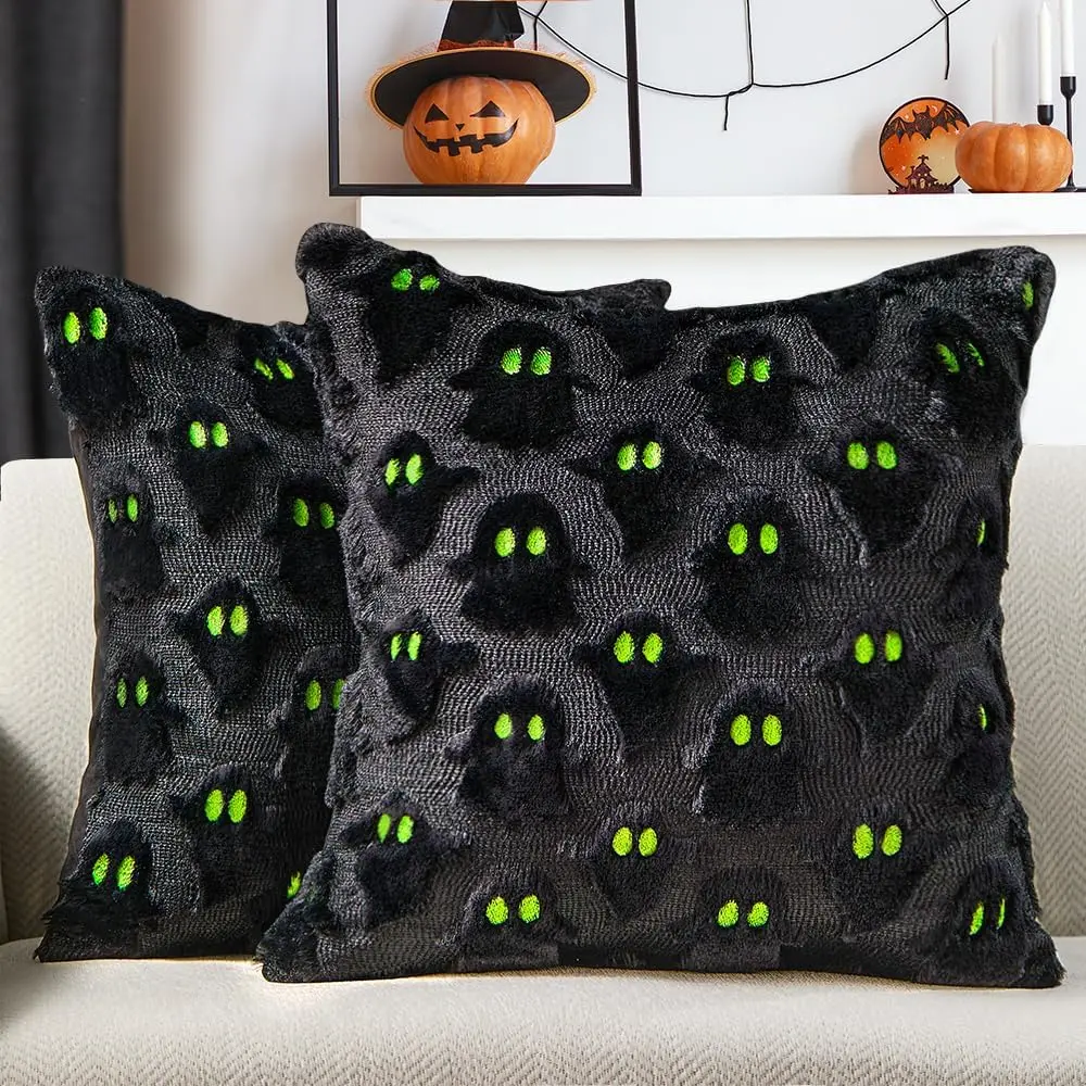 Halloween Pillow Covers 18x18 inch Set of 2 Black Ghost Throw Pillow Cases Soft Plush Faux Fur Wool Couch Cushion Case for Chair Sofa Bedroom Living Room Home Decor PTK03F18