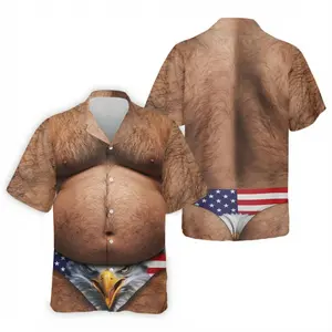 Funny Hairy Muscle Chest Hawaiian Shirt – Patriotic USA Flag, Beach Button Up, USA Beach Gift for Dad, Him, Father, Novelty Men's Jersey, Aloha Tee, 4th of July Independence Day Party Outfit, American Flag