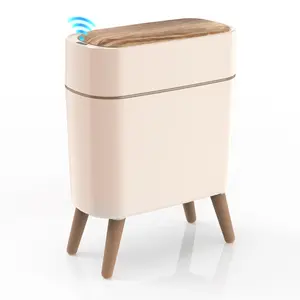 Pukomc Wood Grain Motion Sensor Trash Can, Modern Touchless Garbage Bin with 4 Legs, Ideal for Kitchen & Living Room