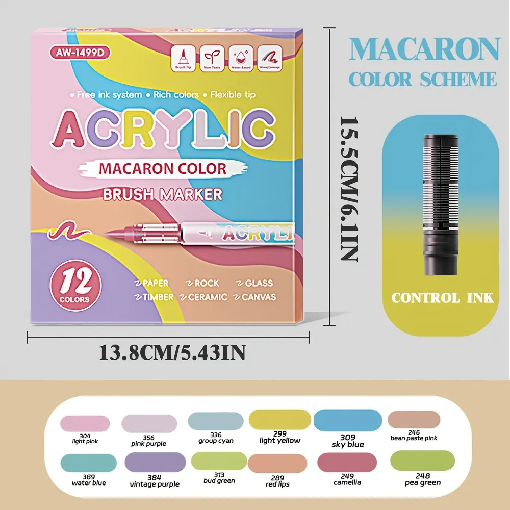 12-Color Refillable Acrylic Markers, Office Stationery for Students, Multi-Surface Writing Tool for Drawing, Graffiti on Wood, Stone, Paper