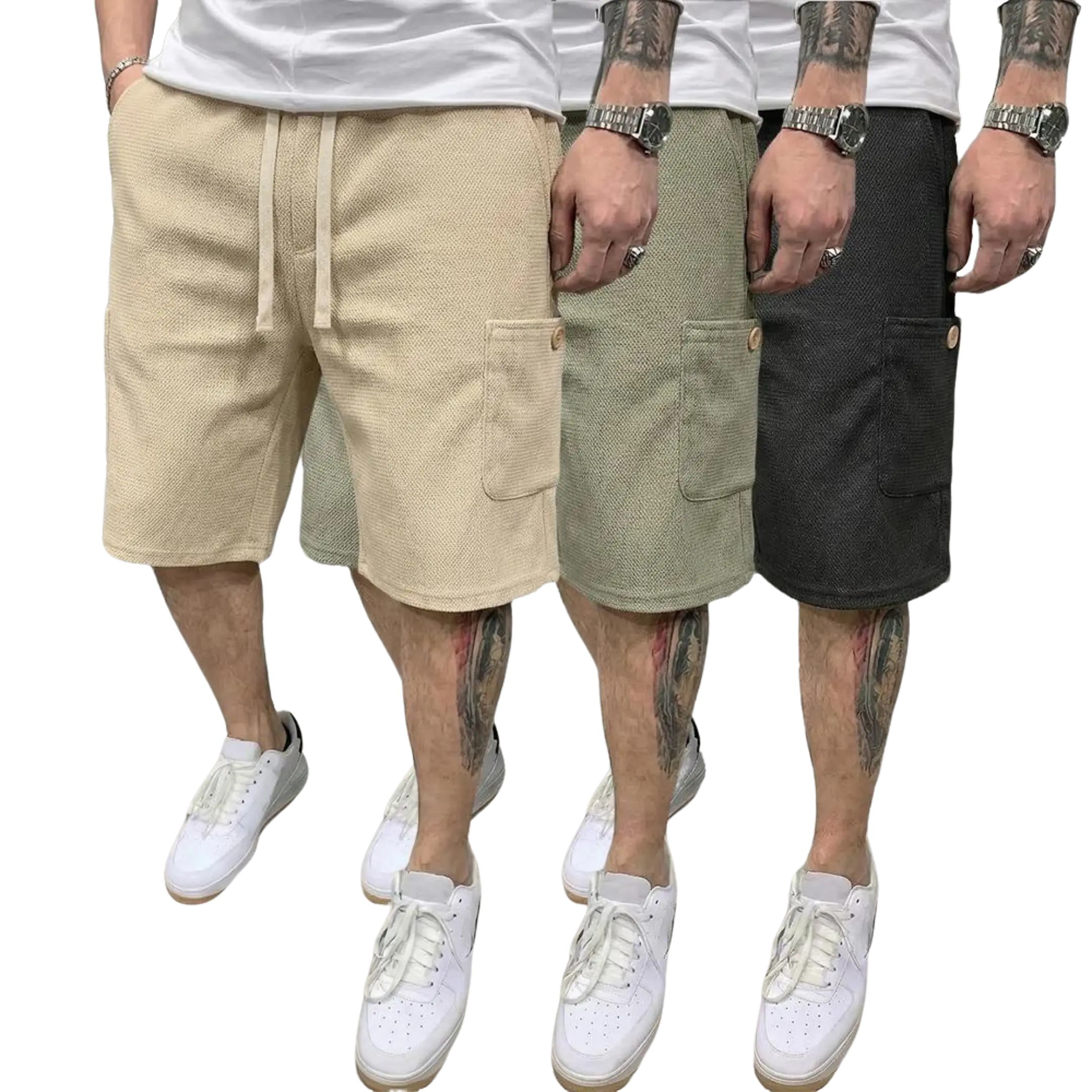 Men's 3-Pack Tropical Plain Casual Athleisure Street Shorts - Polyester, Drawstring Mid Waist, Large Pockets, Buttons, Breathable Straight Cut, Mid-Knee Length, Casual Comfy Loose, for Streetwear Outfits & Everyday Use