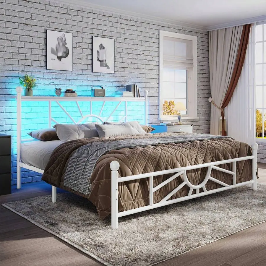 Modern Queen Size Metal Platform Bed Frame - White, with LED Lights, Headboard, Footboard, Under Bed Storage, Sturdy Slat Support, Easy Assembly, Modern Platform Bed