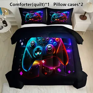Neon Gamepad Comforter Set, Includes 1 Quilt & 2 Pillowcases, Perfect Gamer Gift, Soft Feather Silk Cotton Material