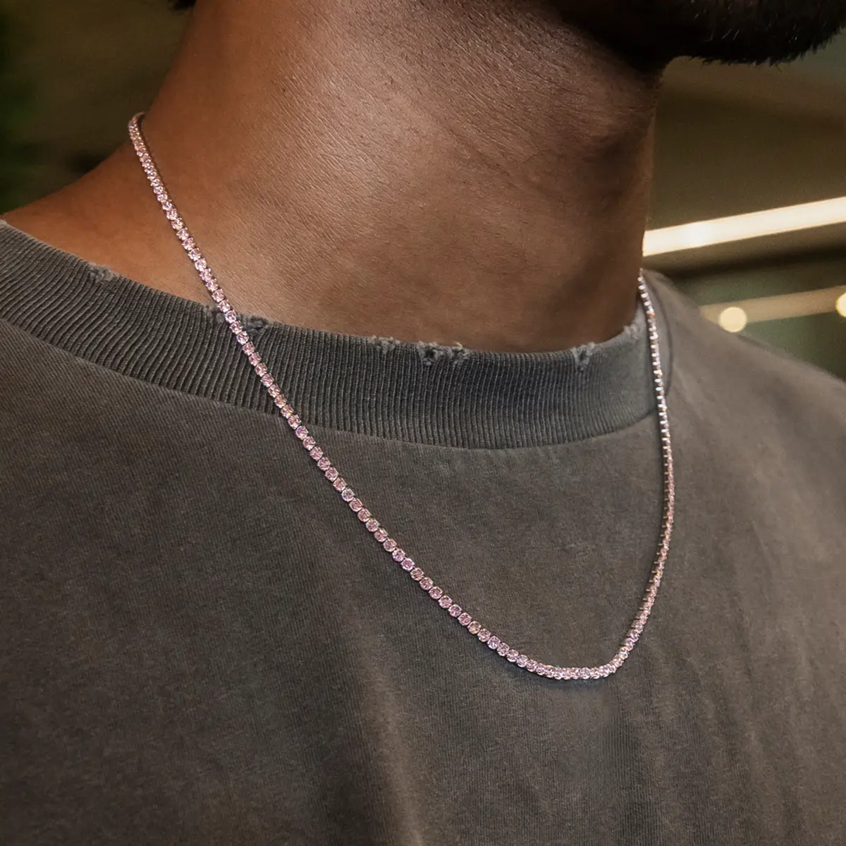 GLD Pink Diamond Micro Tennis Chain in White Gold - Perfect Gift