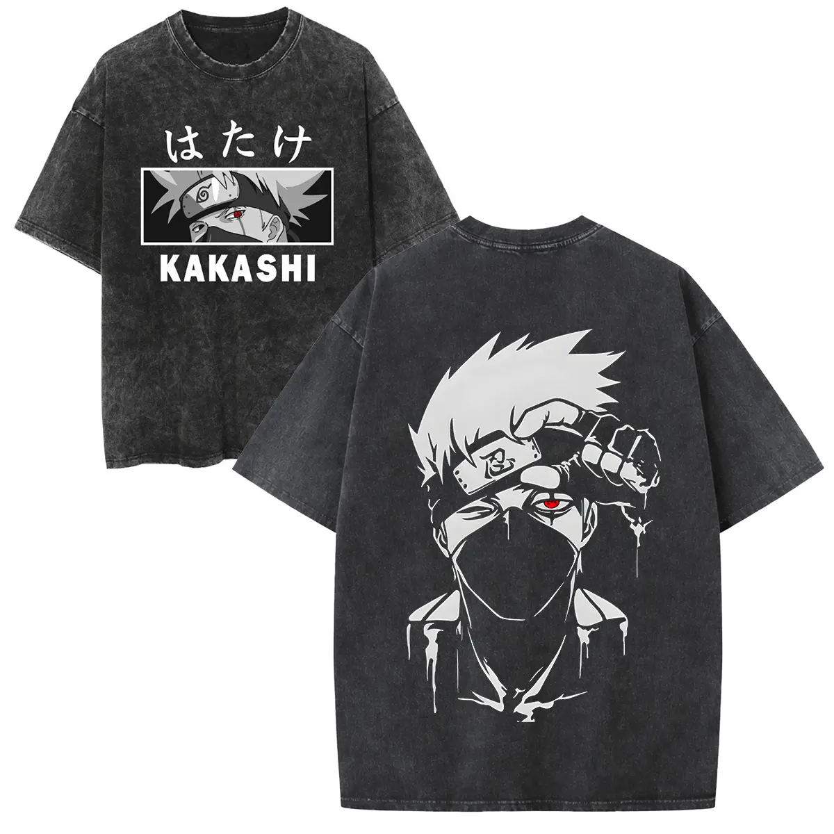 Menswear Kakashi Anime Graphic Top, 100% Cotton Short-Sleeve Breathable T-Shirt, Vintage Acid Wash Oversized Retro Harajuku Streetwear Hip Hop Casual Tee for Men, Shortsleeve, Breathable Tshirts, Bold Graphics, Kakashi Print, Round Neck, Relaxed Cut