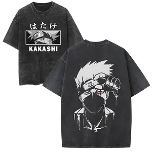 Kakashi Anime Graphic Tee 100% Cotton Vintage Acid Wash Oversized T-Shirt Retro Harajuku Streetwear Hip Hop Casual Tshirt Men Women