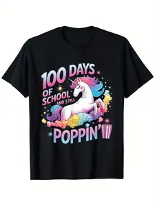 Individualistic round-neck short-sleeved shirts for Boy and girl 🔥   100 Days of School Unicorn Celebration Tee for Boys & Girls - Breathable Cotton, Moisture-Wicking, Casual Crew Neck Short Sleeve T-Shirt with Colorful "100 Days of School Still Poppin'"