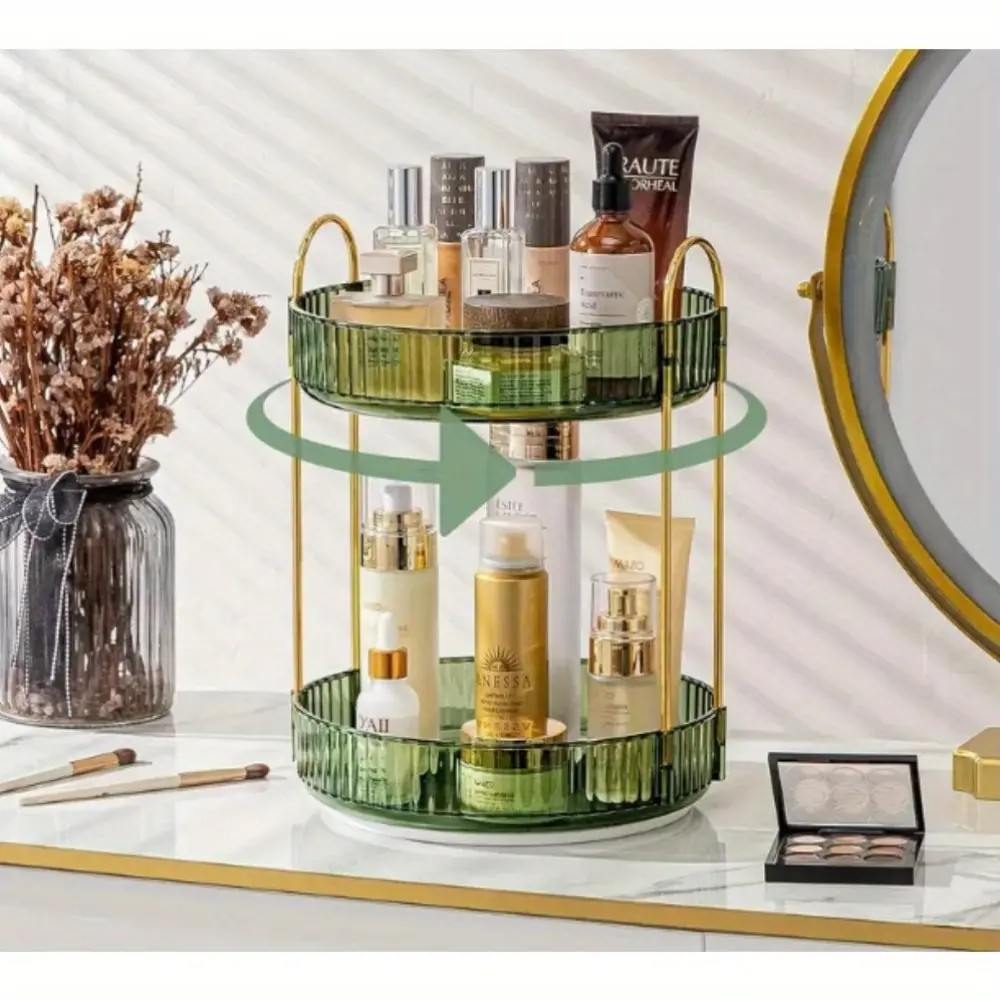 360° Rotating Makeup Organizer - 2-Tier Lazy Susan Cosmetic & Skincare Storage Box with Transparent Lids, Large Capacity Durable Plastic Vanity Organizer for Perfume, Brushes, Lipsticks, Makeup Vanity Desk, Sleek Design, Polished Finish