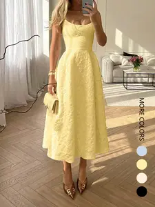 Women's Sexy Vintage Square Neck Woven Dress, Bohemian Sleeveless Long Slim Fit Summer Holiday, Elegant Party Wear for Women