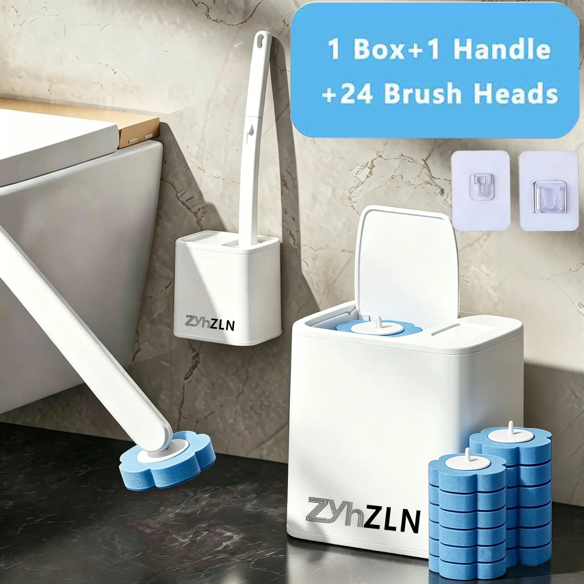 Disposable Toilet Brush, Toilet Bowl Wand Holder Set with 24 Replaceable Sponge Brush Head Refills Cleaner Refills, Bathroom Cleaning System for Sink Bathtub Drain Wash Basin Urinal，Wall-Mount Scrubbing Toilet Brush Bathroom Cleaning Kit