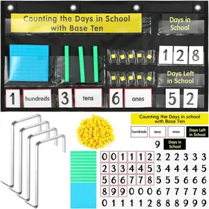Back to School counting the days with a base-ten pocket chart for place value, counting caddy pocket chart for classroom bulletin board, school or home decor, 4 hooks, black classic style