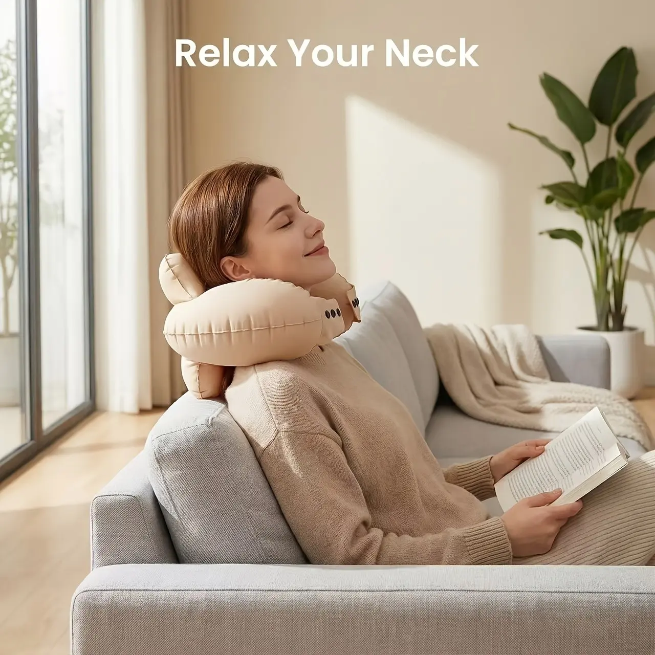Portable Inflatable Neck Pillow, Travel Neck Support Cushion, Nap Pillow for Airplane, Easy-To-Use Compression Design, Single Piece