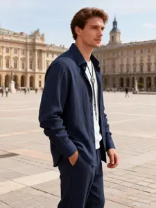 Men's Navy Blue Plain Textured 2-Piece Casual Set - Long-Sleeve Button-Down Shirt + Drawstring Waist Pants, Lightweight Breathable Fabric, Relaxed Fit for Outdoor Walks, Streetwear & Daily Outings