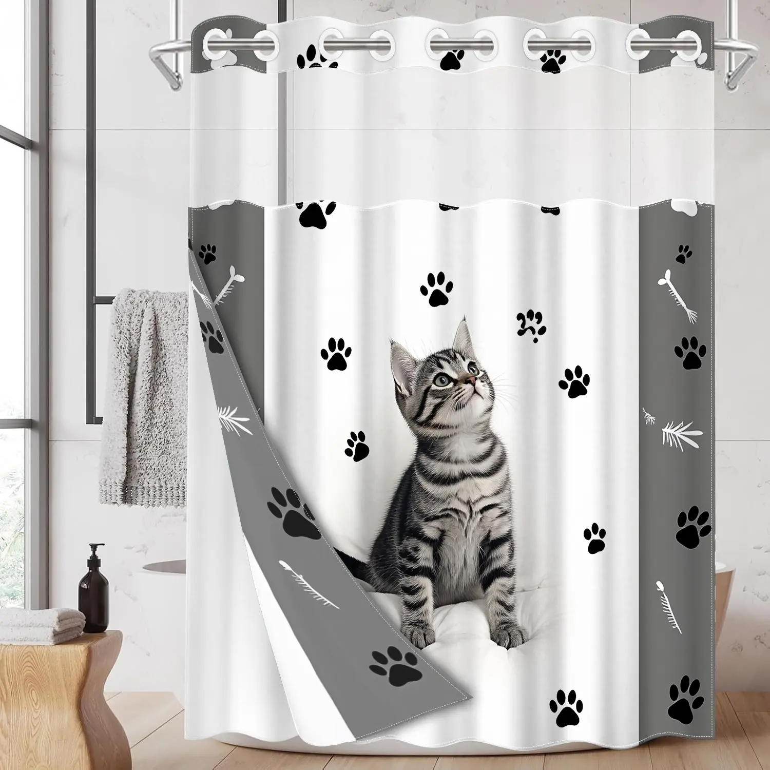 1pc hookless shower curtain with liner, Shower Curtain And Liner, Bathroom, black, white cat paw decorative design 2D flat printing, double-layer shower curtain with see-through window, 71 x 74 inches, home decoration