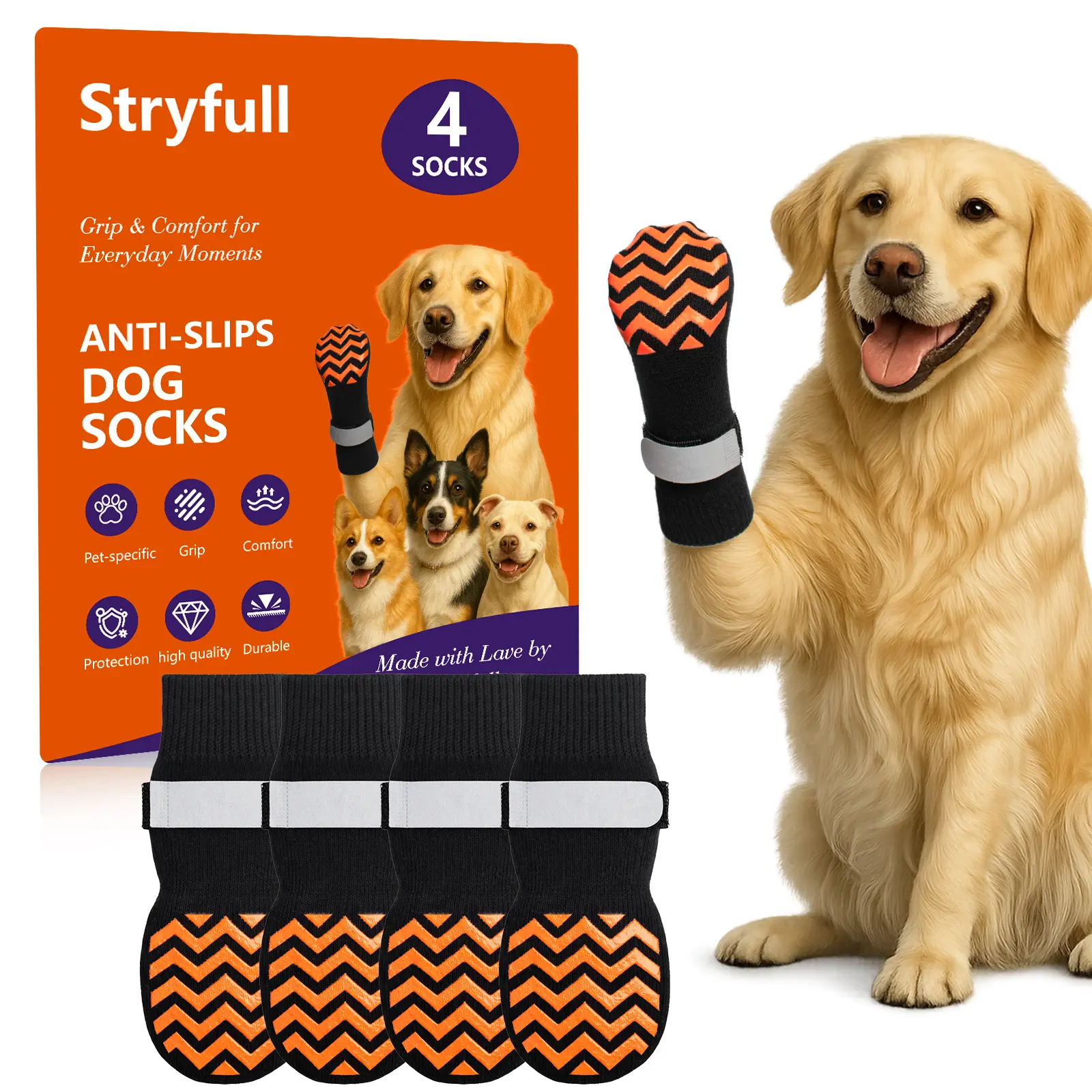 Stryfull 4-Pack Breathable Cotton Non-Slip Dog Socks, Double-Sided Silicone Grip Dots for Hardwood Floors, Adjustable Strap with DIY Pet Name Area, Washable Paw Protection for Senior Dogs, 4 Packs