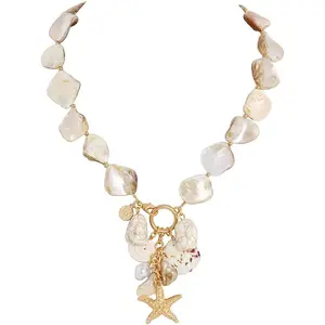 Natural Freshwater Shell Choker With Pearl Starfish Turquoise Pendant Irregular Mother of Pearl Necklaces for Women