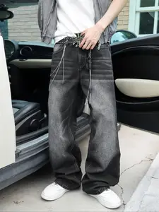 Men's High Street Style Loose Fit Straight Leg Jeans, Vintage Washed Wide Leg Pants, Casual All Seasons Long Trousers