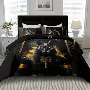 Ancient Egyptian Anubis black gold themed bedding set of 3, 1 duvet cover and 2 pillowcases (unfilled) made of soft polyester fiber, soft, warm, lightweight, and minimalist style Bedset