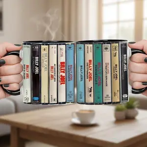Retro Cassette Tape Albums Collection Graphic Accent Mug, Vintage Music Aesthetic Coffee Cup, Nostalgic Music Lover Gift