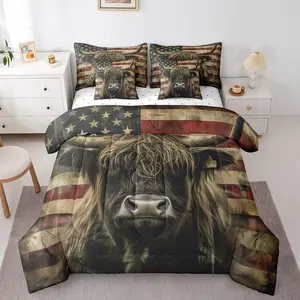 Feelyou 7-Piece 3D Highland Bull Bed in a Bag Comforter Set - Rustic American Flag, Geometric Stripe Bedding, Breathable Animal Print Sheets, Multi-Size Kids Room Decor (7 pieces, rustic style), Seven Pieces