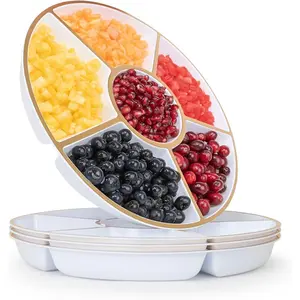 4 Pack 6 Sectional White Plastic Serving Trays For Party With Gold Rim - Heavy Duty Gold Party Trays For Serving Food - 12 Inch Platters