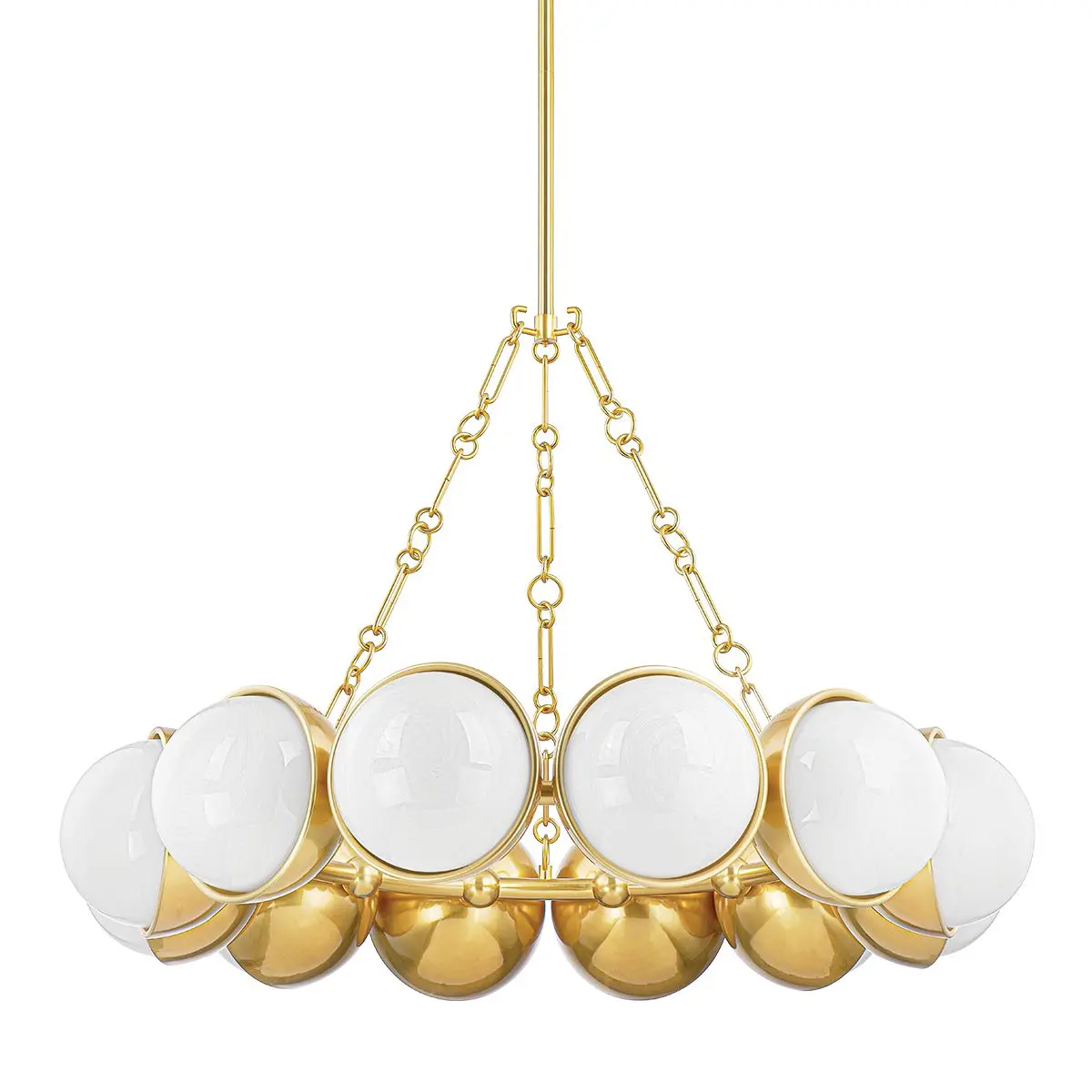 Large Althea Chandelier with Cloud Glass Globes and Vintage Polished Brass Caps