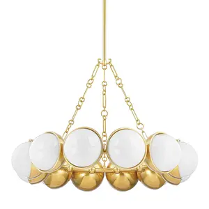 Large Althea Chandelier with Cloud Glass Globes and Vintage Polished Brass Caps