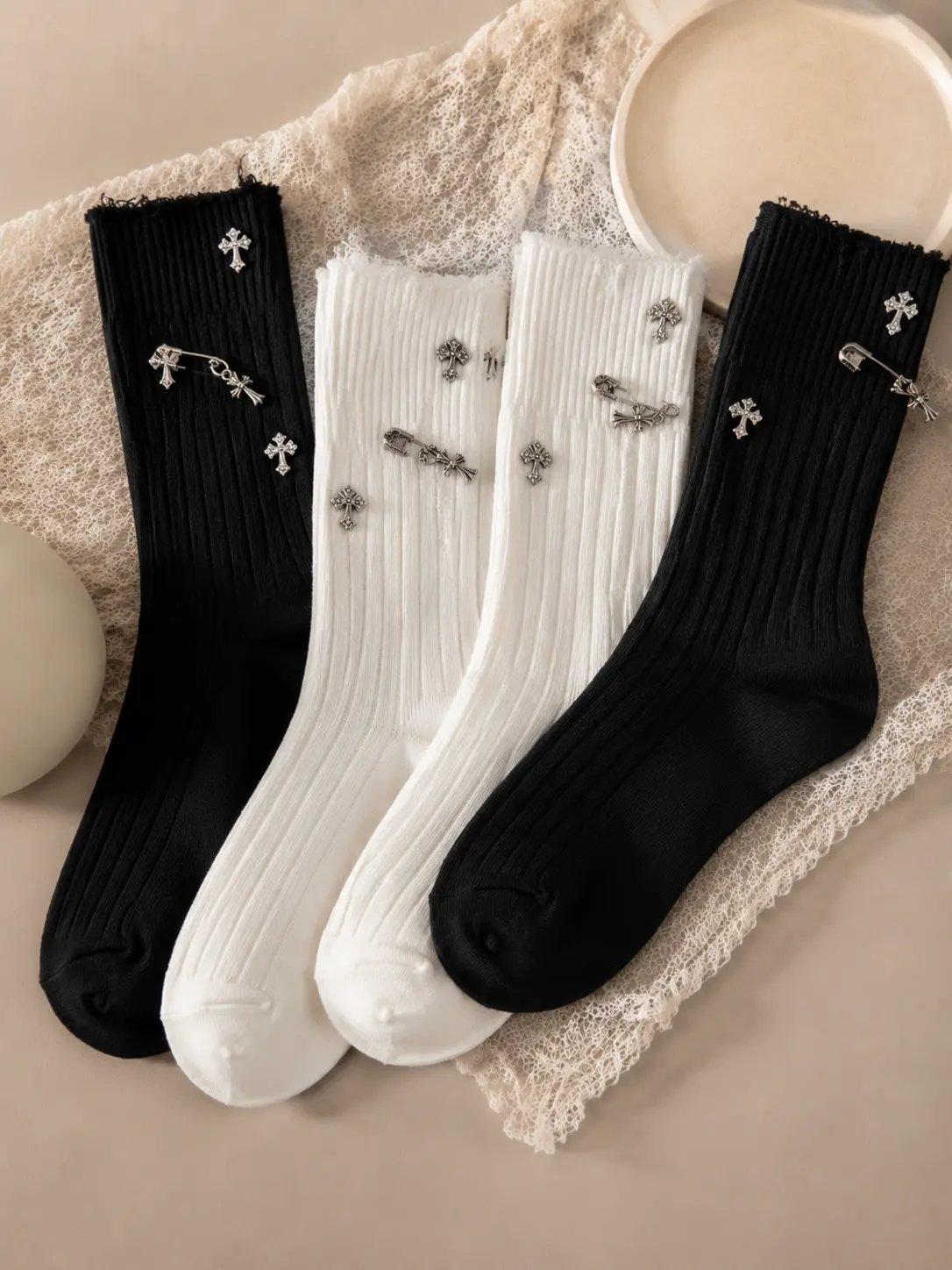 Ripped Edge Ribbed Crew Socks with Silver Cross Safety Pin Charms, Gothic Y2K Mid Calf Socks, Black White Harajuku Streetwear Socks for Women