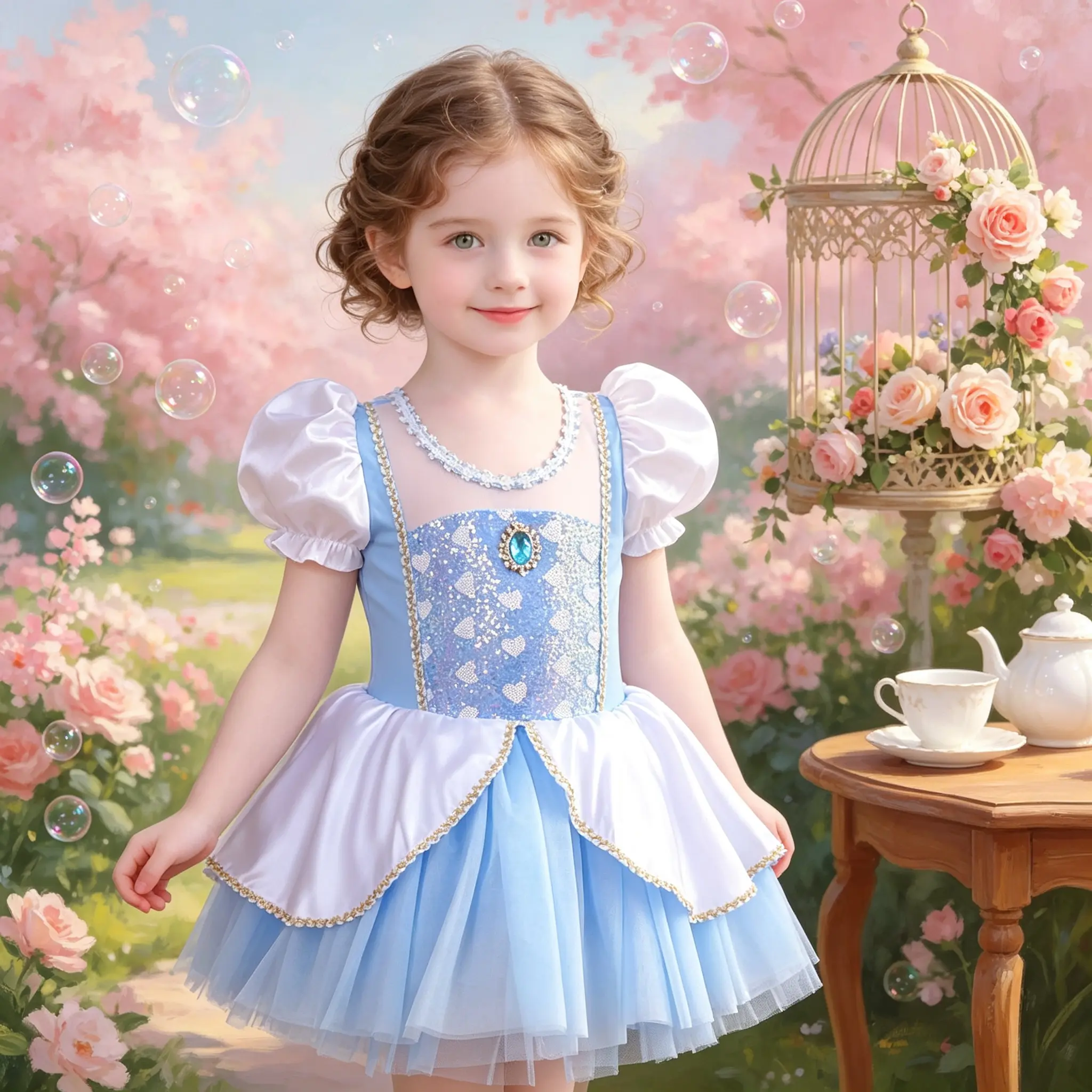 Toddler Girls' Blue & White Puff-Sleeve Princess Tutu Dress, Sparkly Gem Detail Ballerina Birthday Clothes, Short-Sleeve Dress Alternative for Party & Photoshoot