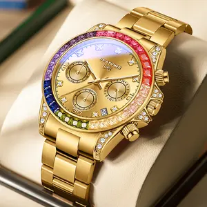 VEADONS Men's Business Fashion Rhinestone Decorated AnalogQuartz Watch Rainbow Crystal Chronograph Quartz Movement Luminous Date WaterResistant for Party Daily Wear Birthday Gift with Box