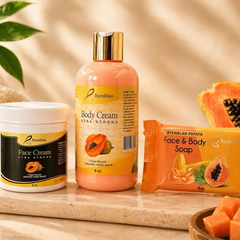 BYENBLAN Papaya MiniSet Xtra 3-Piece Body Care Set - Body Cream, Face Cream, Bar Soap for Daily Brightening, Nourishment, Radiance Boost, Anti-Aging Support for Oily Skin