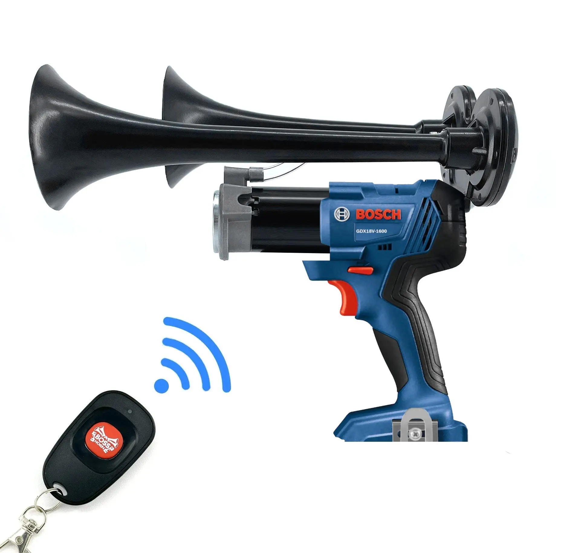 Metal Dual Train Horn Vehicle Accessories for Bosch® 18V Batteries, 130 dB Blast, Compatible with Automotive & Motorhome Applications