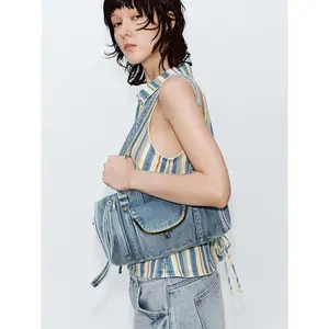 URBAN REVIVO 2026 Women's Denim Bowling Crossbody Bag - Textile Shell, Shoulder Strap, Elegant Design for Casual Wear