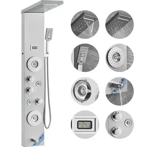 VEVOR Shower Panel Tower System, 6 Shower Modes, LED & Display Shower Panel, Rainfall, Waterfall, 4 Body Massage Jets, Tub Spout, Handheld Shower Head 59" Hose, Stainless Steel Wall-Mounted Shower Set