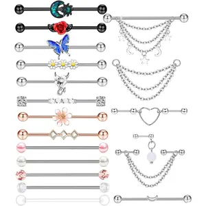 14G Industrial Barbell Earrings Stainless Steel Long Cartilage Helix Conch Body Piercing Jewelry 7-18pcs