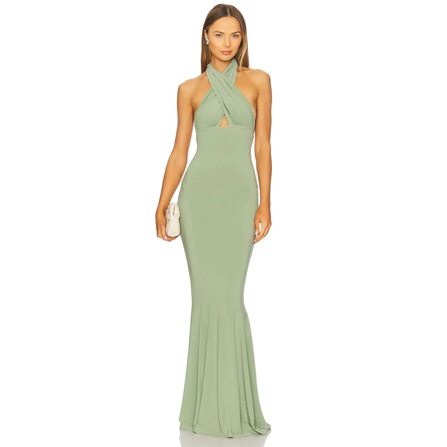 Norma Kamali Cross Halter Fishtail Gown in Vintage Green