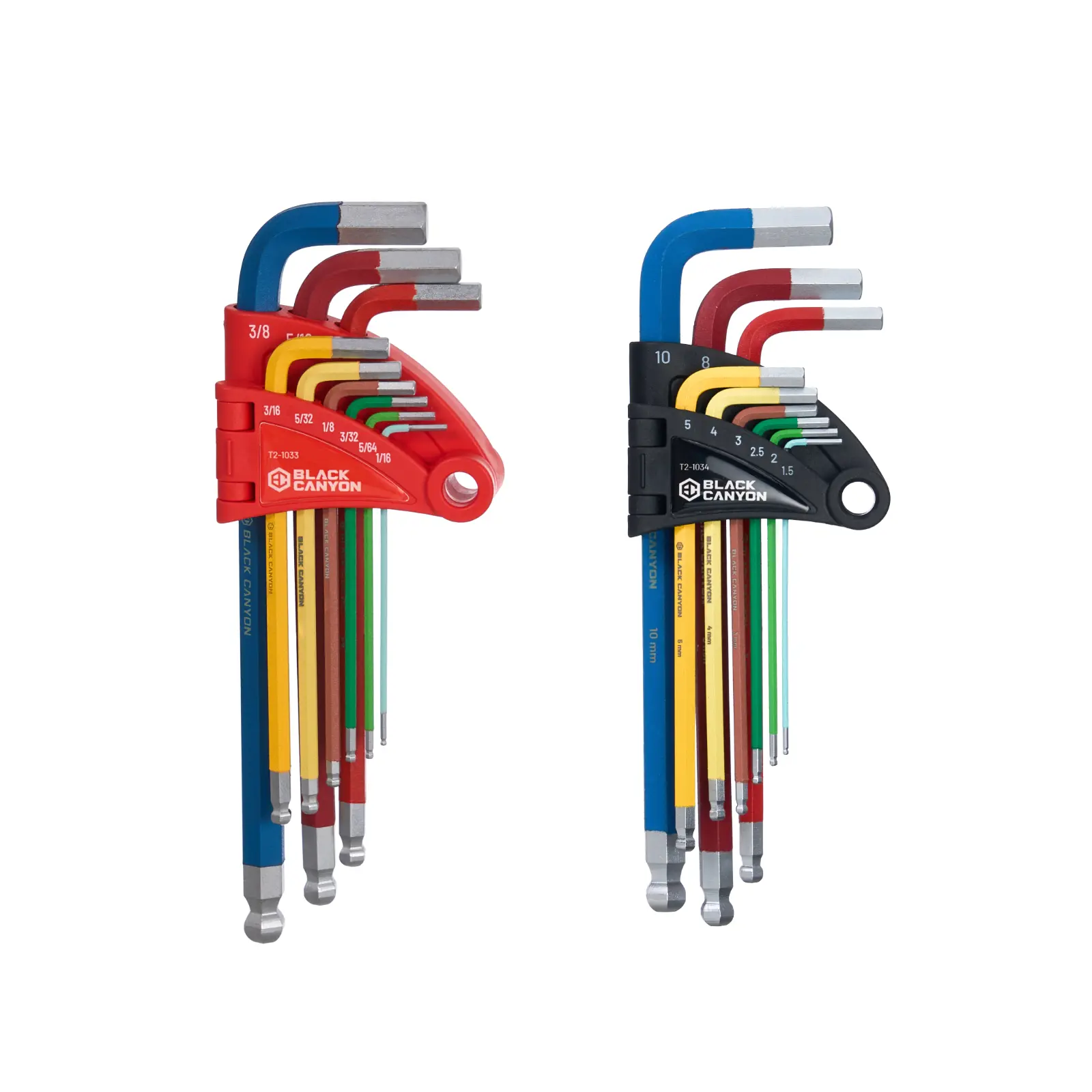 BLACK CANYON Hex Key Set, 18 pcs SAE&Metric Allen Key,High Torque Steel, 1/16 in-3/8 in and 1.5 mm-10 mm, Ball End, Color-Coded, Chrome,  L-Shape Design, for Mechanics, Electrical Equipment