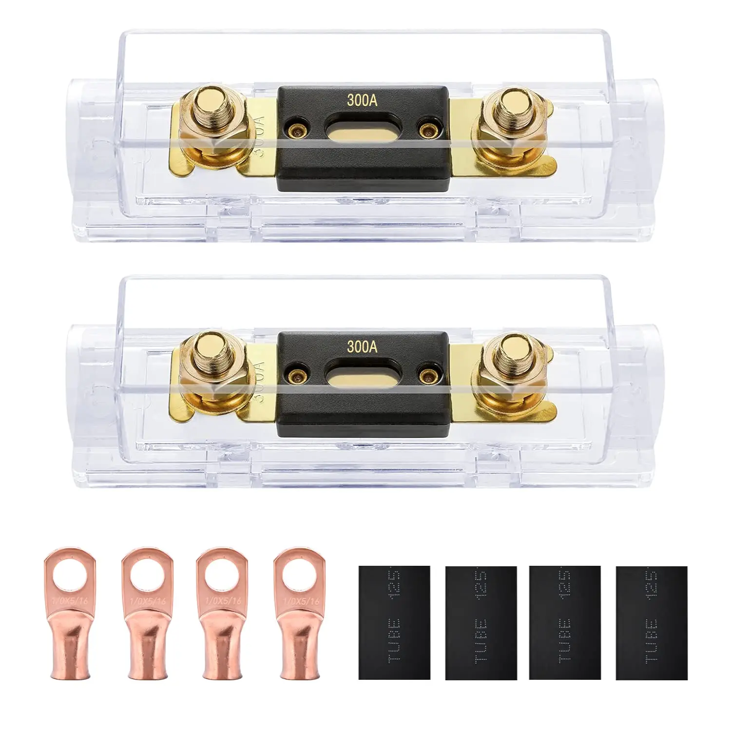 Nilight 2PCS ANL Fuse Holders with 300A Fuses - Gold 1/0-2-4 AWG Ring Terminals, Waterproof Cover, Copper Alloy Lugs, 12V-32V Overload Prot., 5/16" Fit, 25A-100A Capacity for Automotive Vehicles, Audio Amplifiers, Transparent Cover, 24V