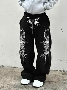 TikTok Trending! Black Drawstring Sweatpants with White Gothic - style Prints, Ideal for Streetwear and Edgy Looks, Casual Street Trousers